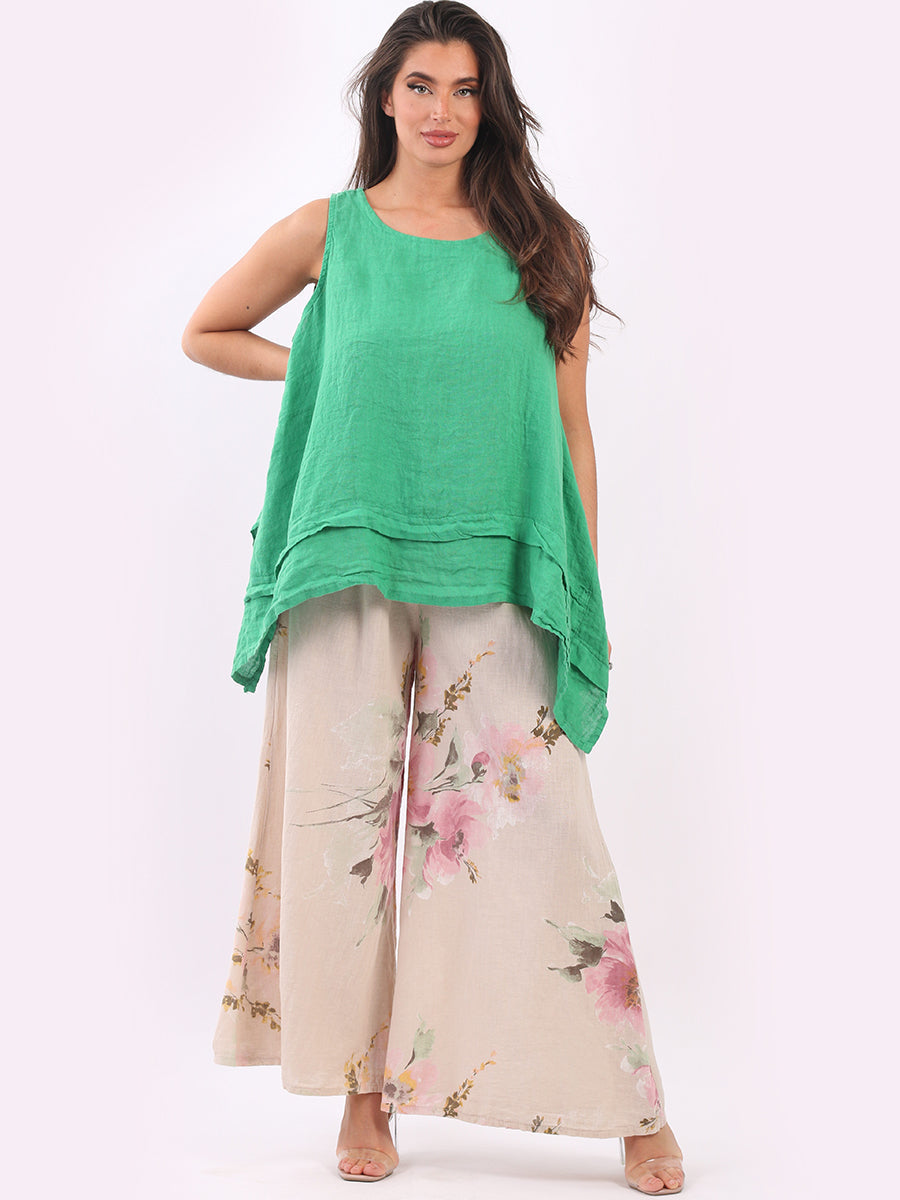 Floral Linen Palazzo Pant Beige