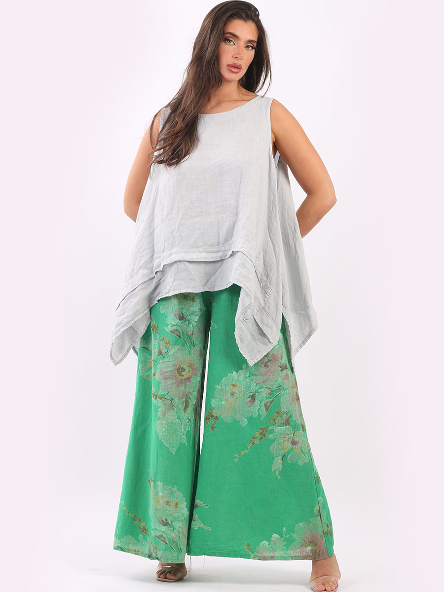 Floral Linen Palazzo Pant Green
