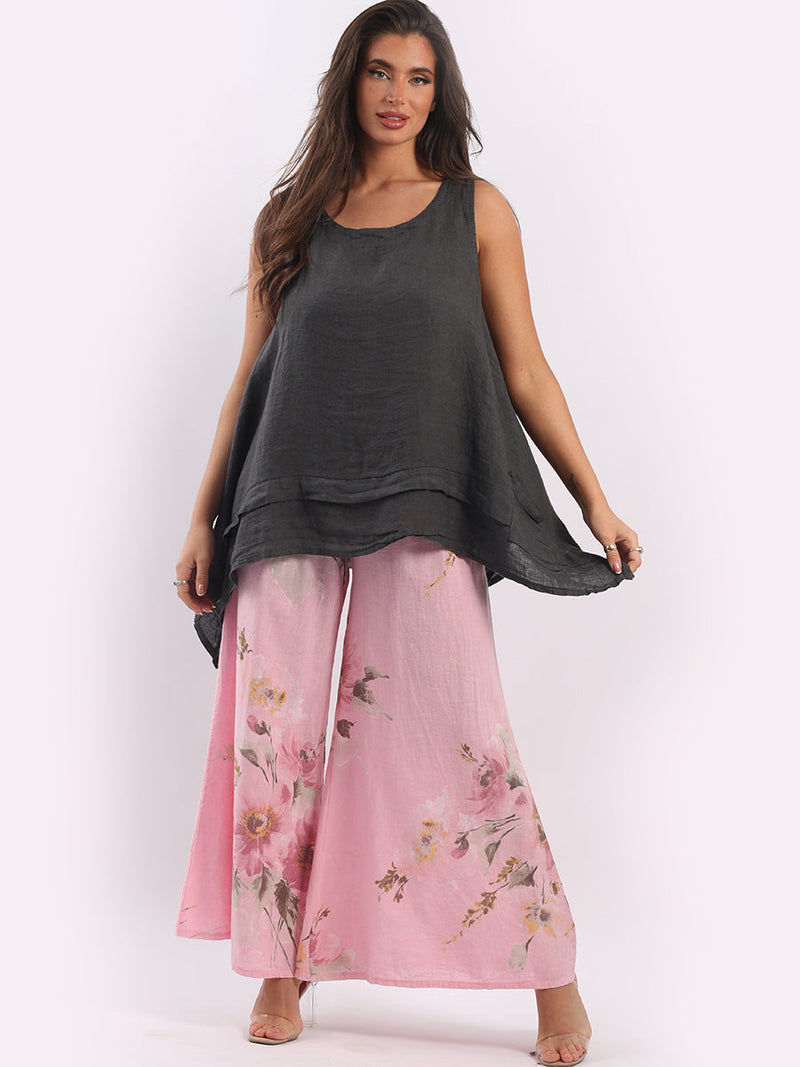 Floral Linen Palazzo Pant Pink