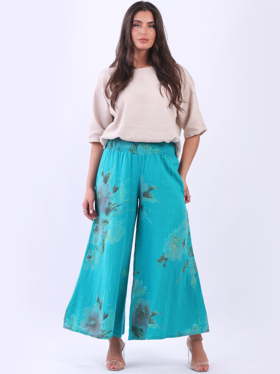 Floral Linen Palazzo Pant Teal
