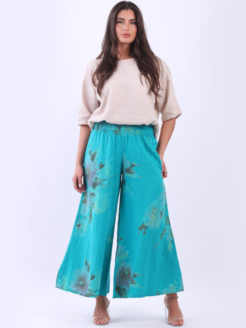 Floral Linen Palazzo Pant Teal