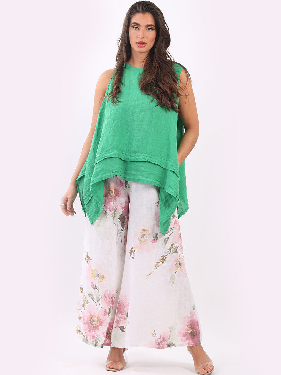 Floral Linen Palazzo Pant White