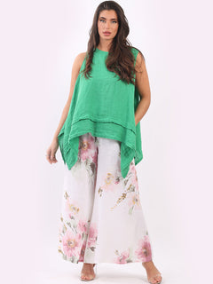 Floral Linen Palazzo Pant White