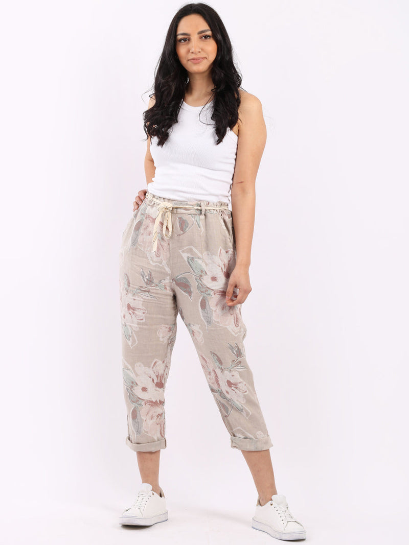 Floral Print Ladies Linen Trouser Beige