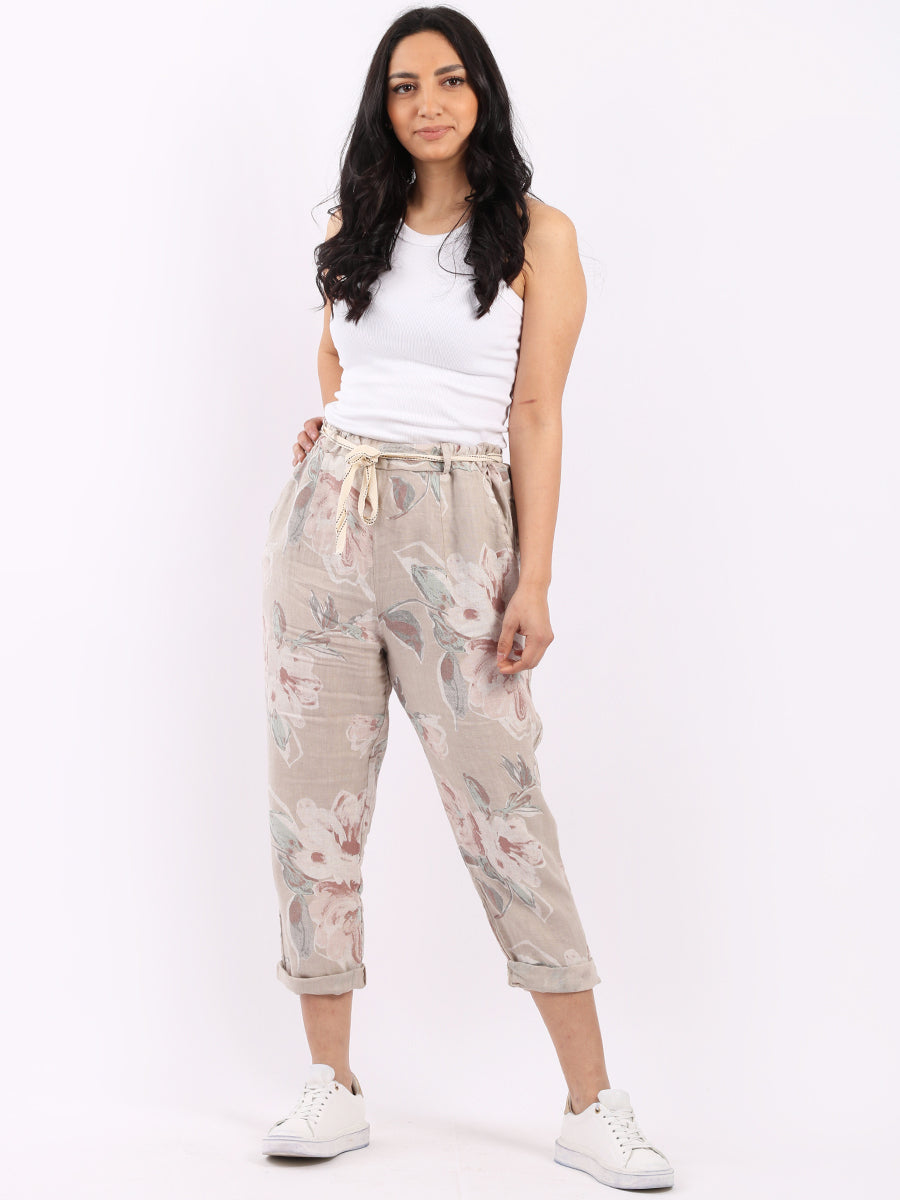Floral Print Ladies Linen Trouser Beige
