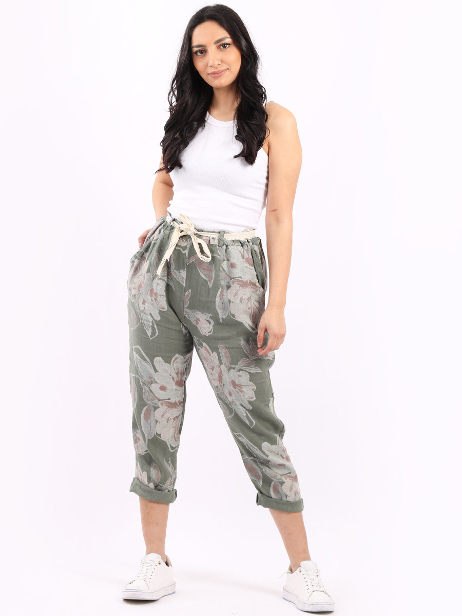 Floral Print Ladies Linen Trouser Khaki