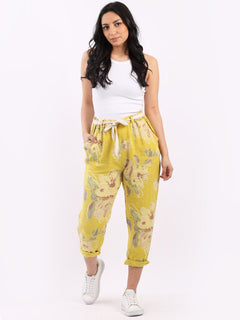 Floral Print Ladies Linen Trouser mustard