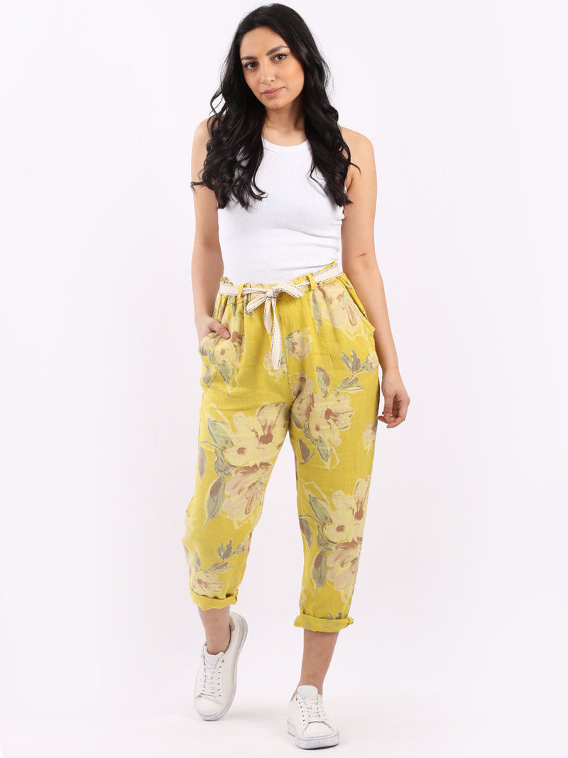 Floral Print Ladies Linen Trouser mustard