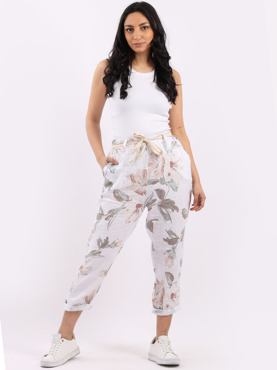 Floral Print Ladies Linen Trouser White