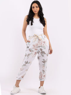 Floral Print Ladies Linen Trouser White