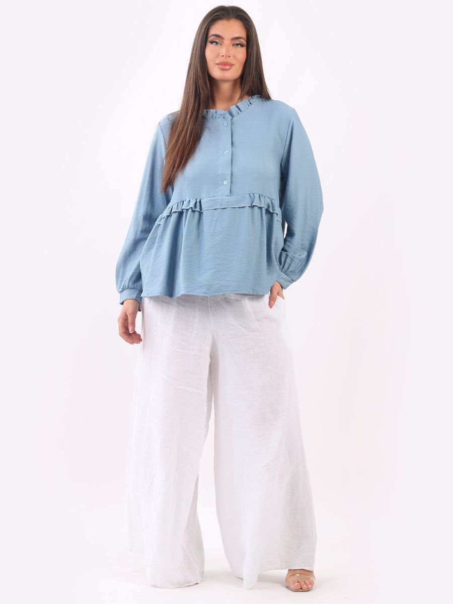 Ladies Ruffle Peplum Tunic Top Denim