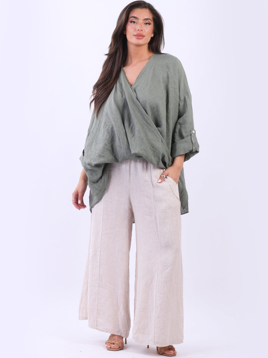 Linen Crossover Top Khaki