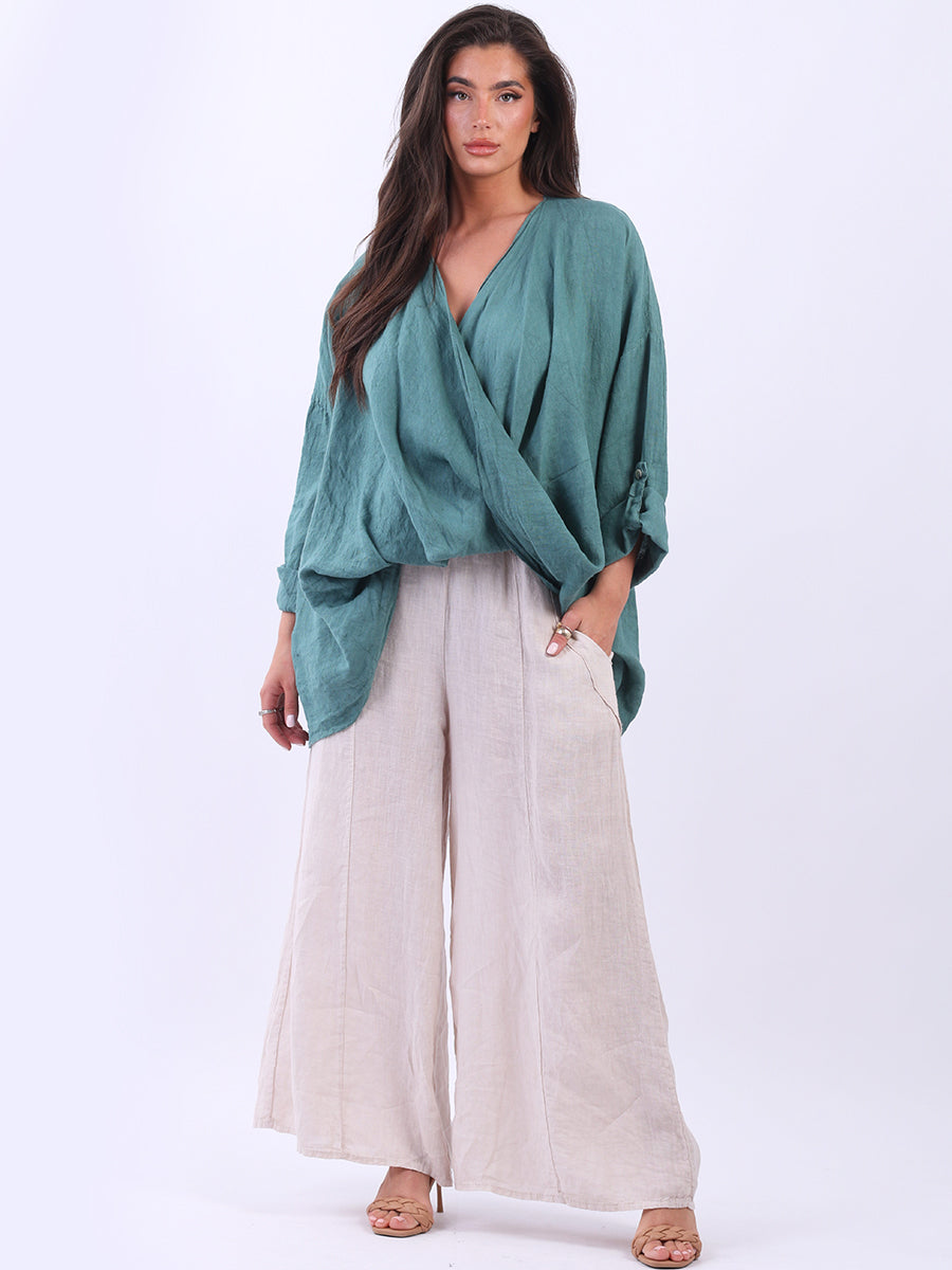 Linen Crossover Top Ocean Blue