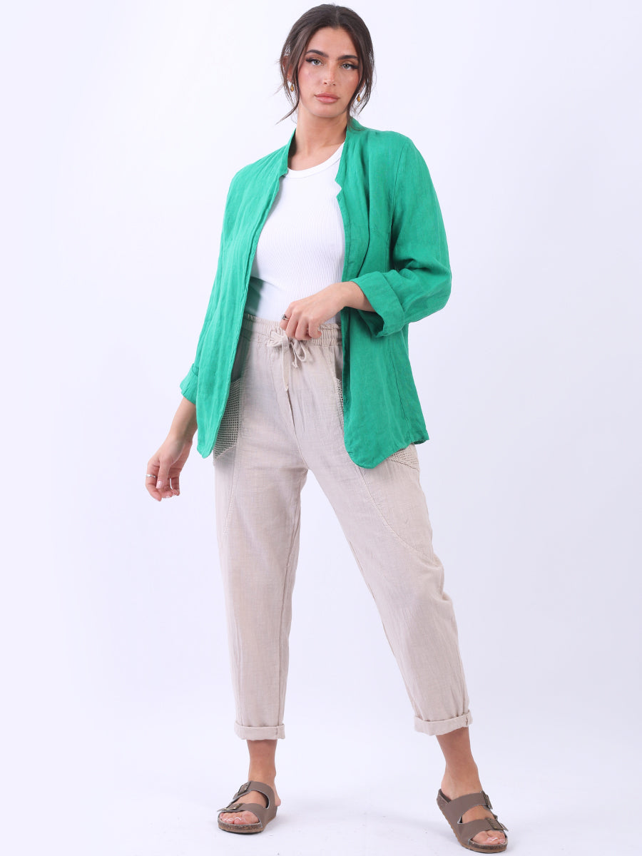 Open Front Linen Jacket Green