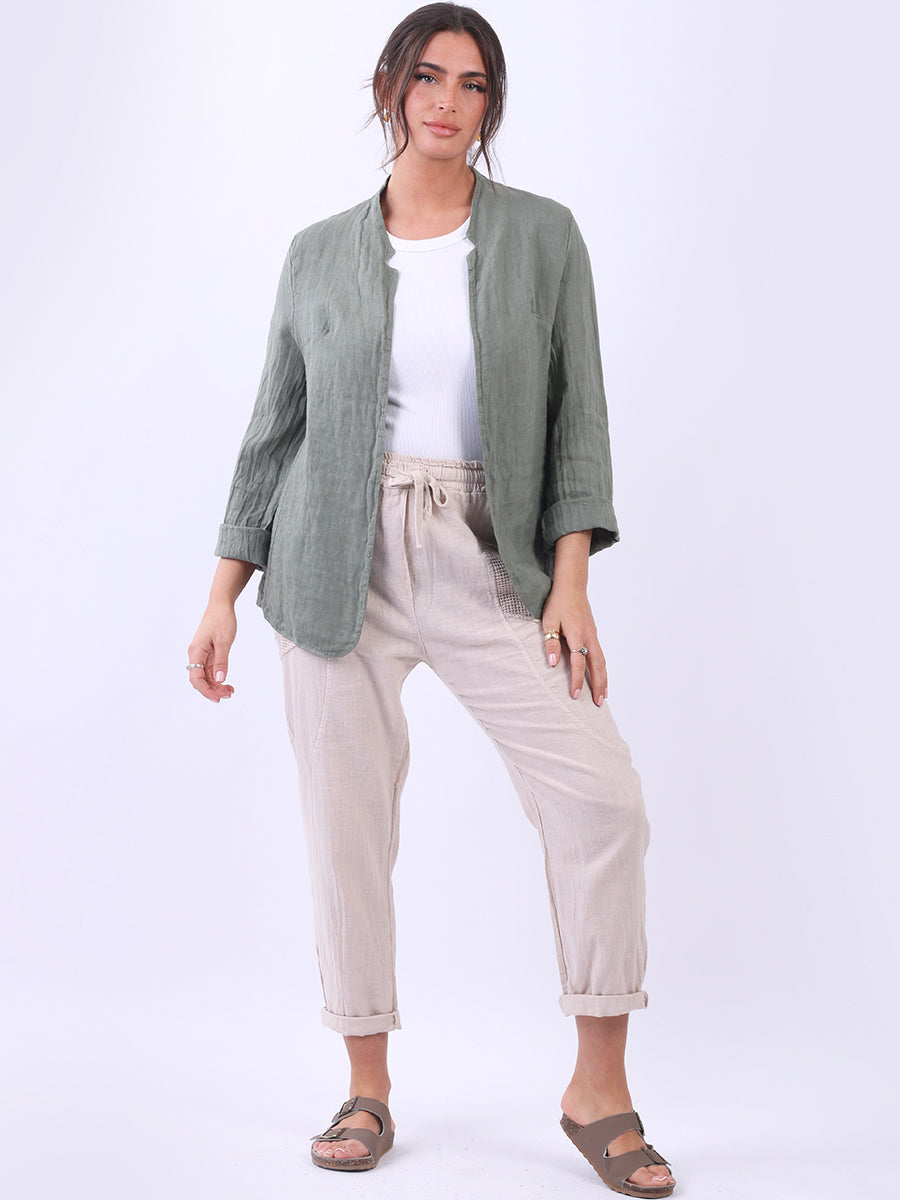 Open Front Linen Jacket Khaki