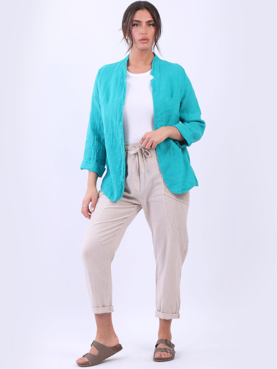 Open Front Linen Jacket Teal