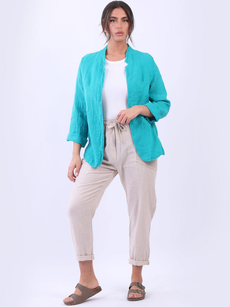 Open Front Linen Jacket Teal