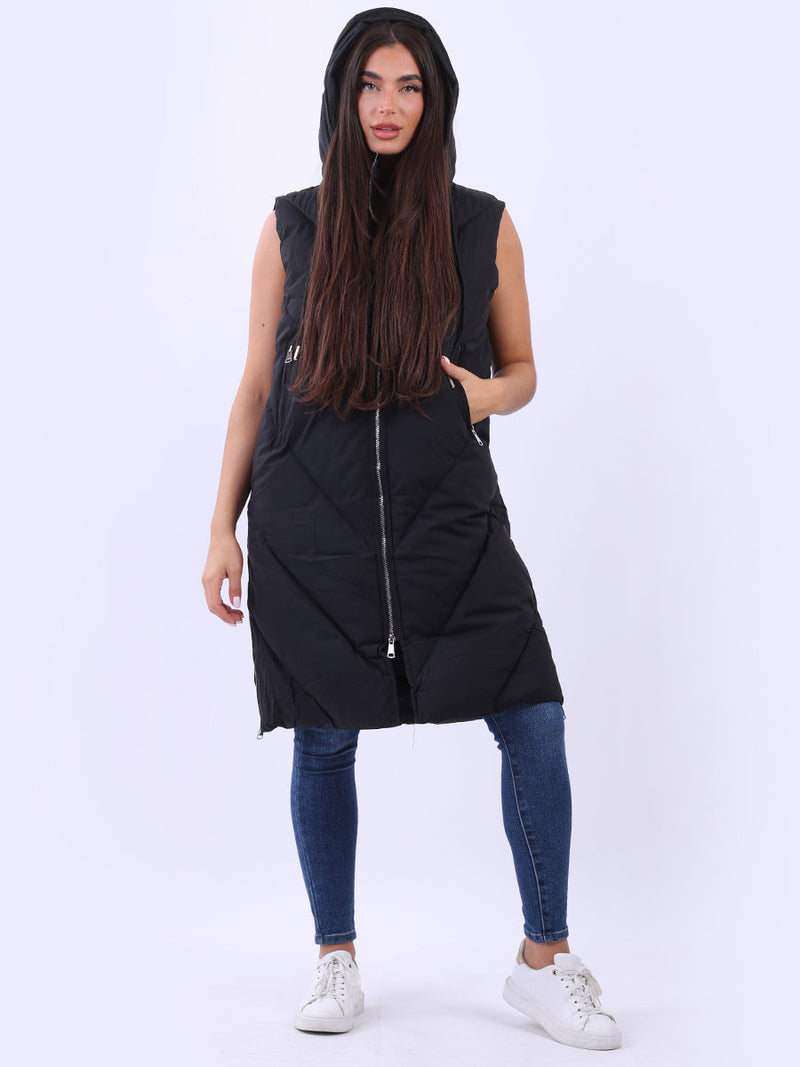 Plus Size Hooded Long Puffer Gilet Black