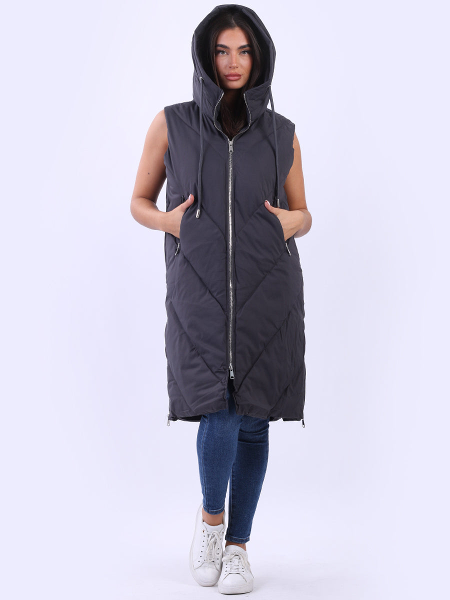 Plus Size Hooded Long Puffer Gilet Charcoal