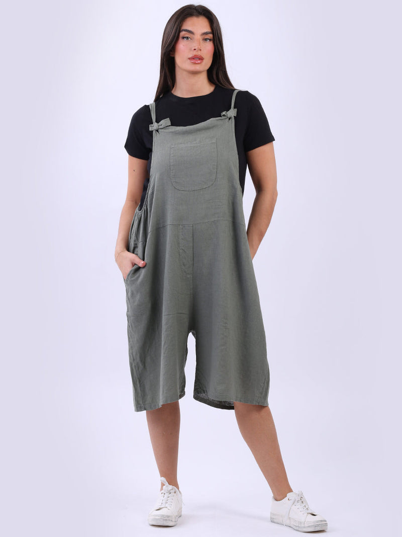 Linen Knotted Straps Playsuit Khaki