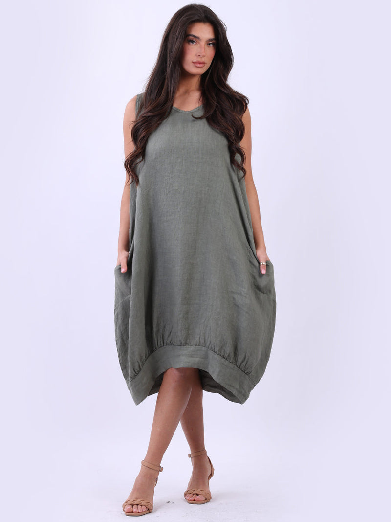 Linen Sleeveless Tank Dress Khaki