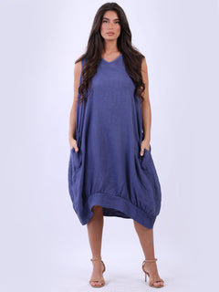 Linen Sleeveless Tank Dress Navy