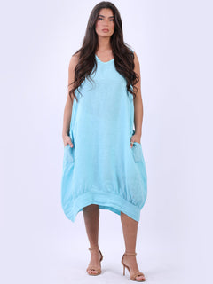 Linen Sleeveless Tank Dress Turquoise