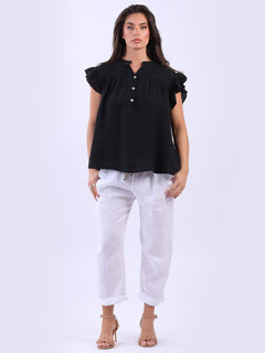Linen Lagenlook Ruffle Blouse Black