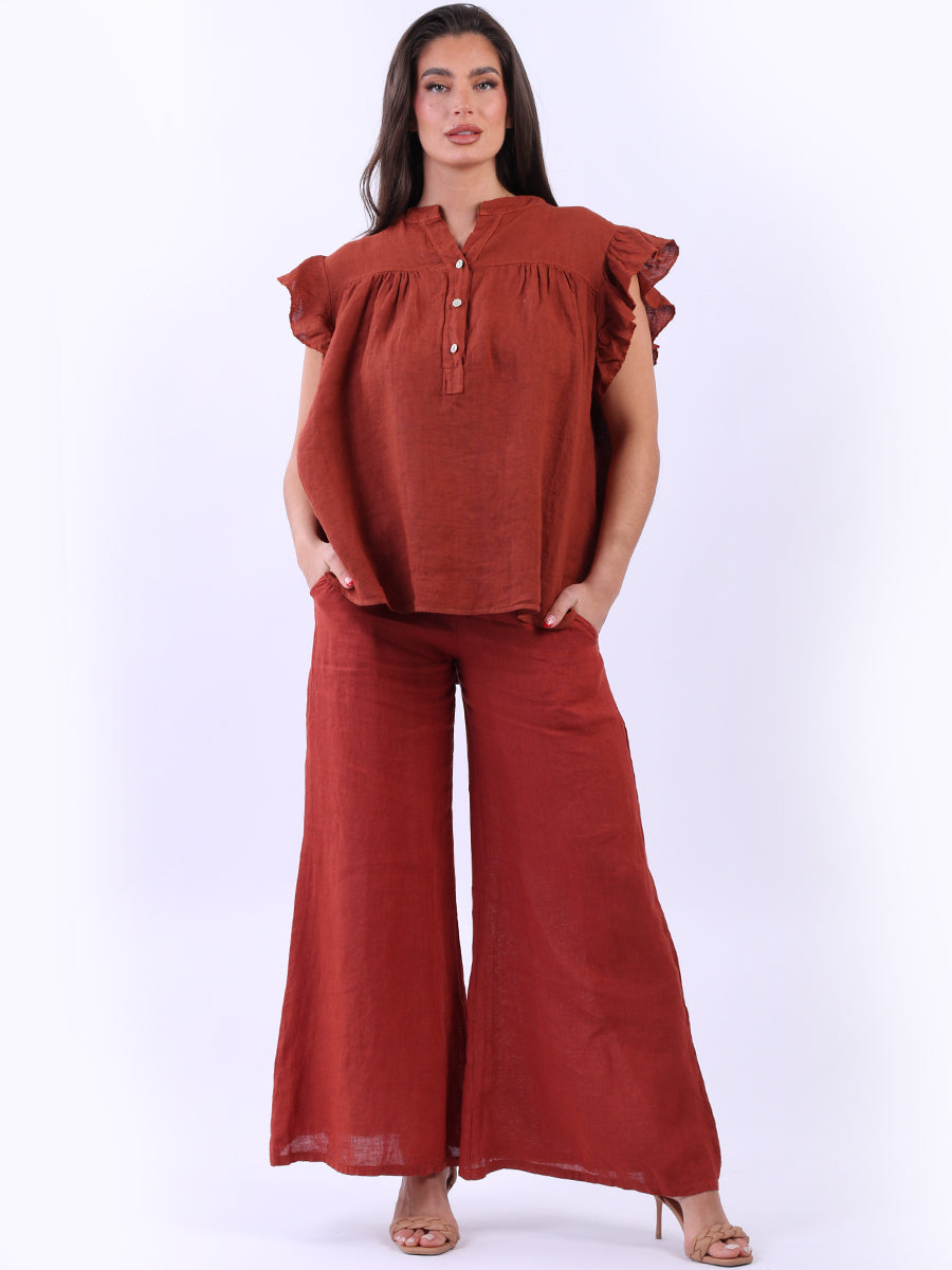 Linen Lagenlook Ruffle Blouse Rust