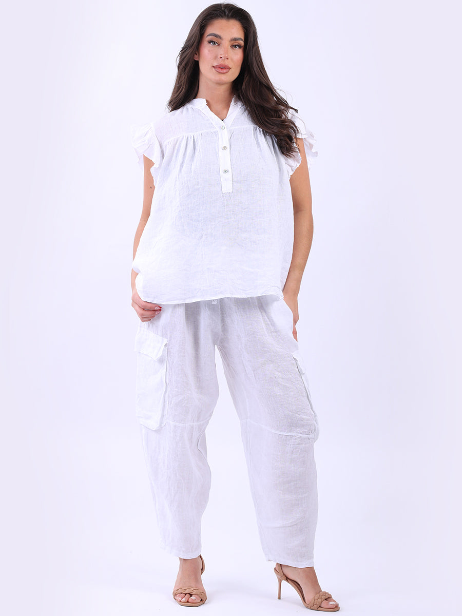 Linen Lagenlook Ruffle Blouse White