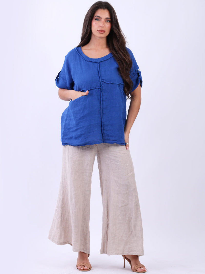 Plain Linen Summer Blouse Royal Blue