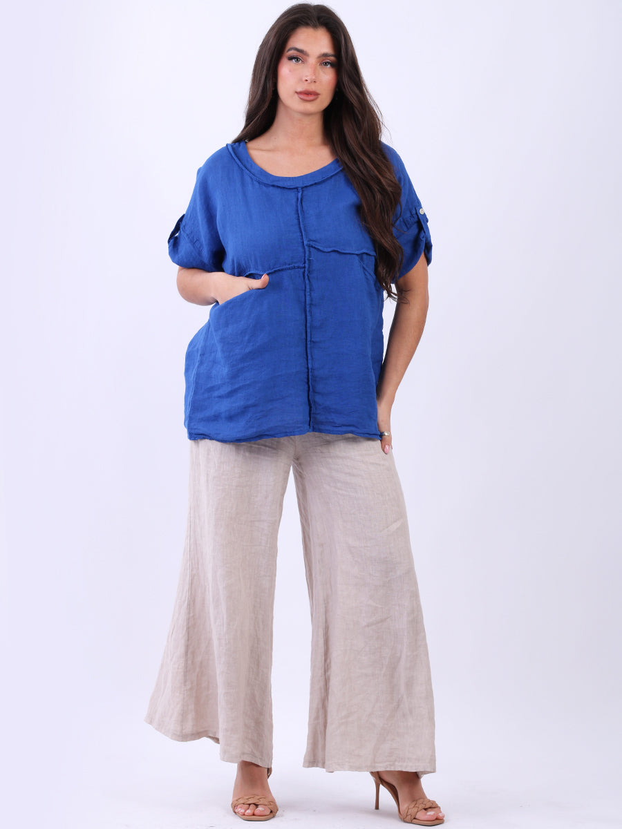 Plain Linen Summer Blouse Royal Blue