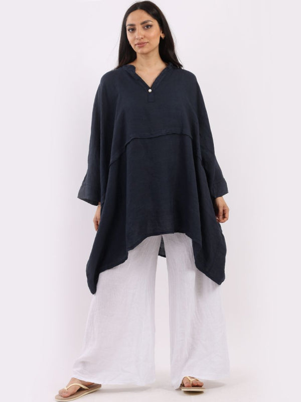 Plus Size Linen Batwing Top Navy