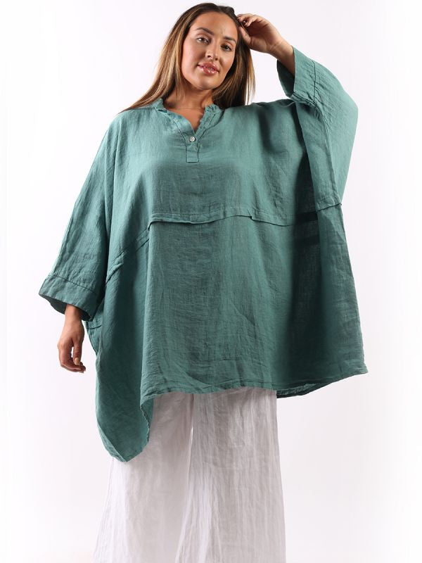 Plus Size Linen Batwing Top Ocean Blue
