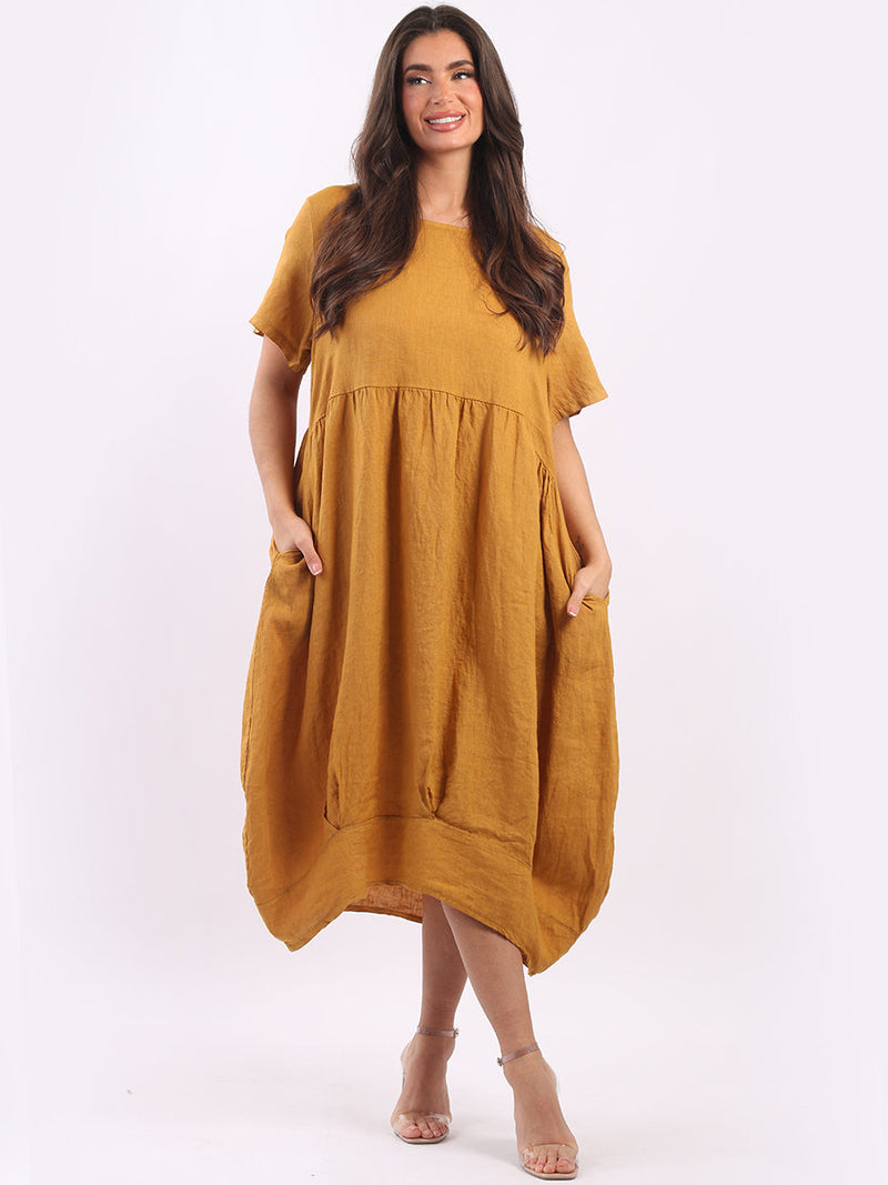 Linen Lagenlook Midi Swing Dress Mustard