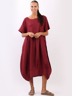 Linen Lagenlook Midi Swing Dress Wine