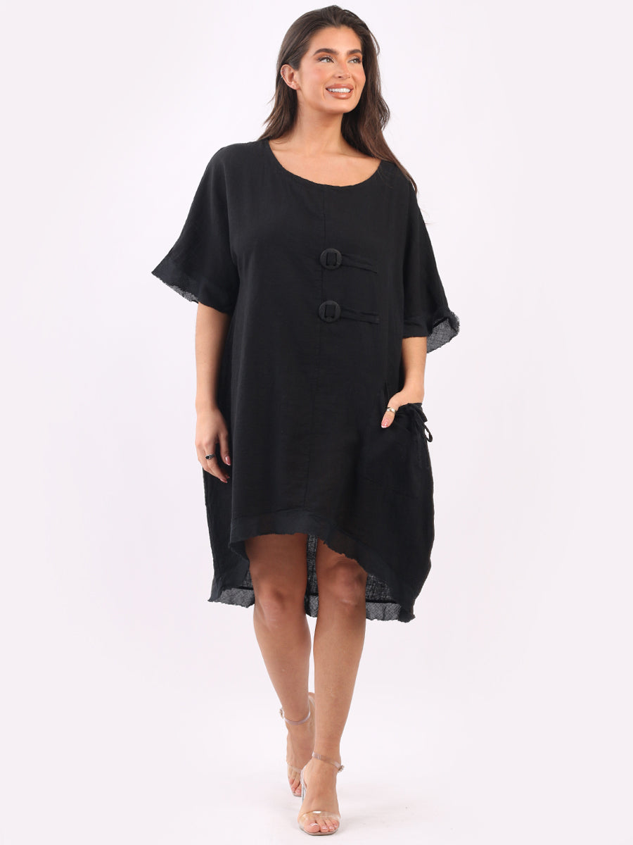 Raw Edge Linen Lagenlook Dress Black