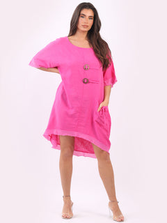 Raw Edge Linen Lagenlook Dress Fuchsia