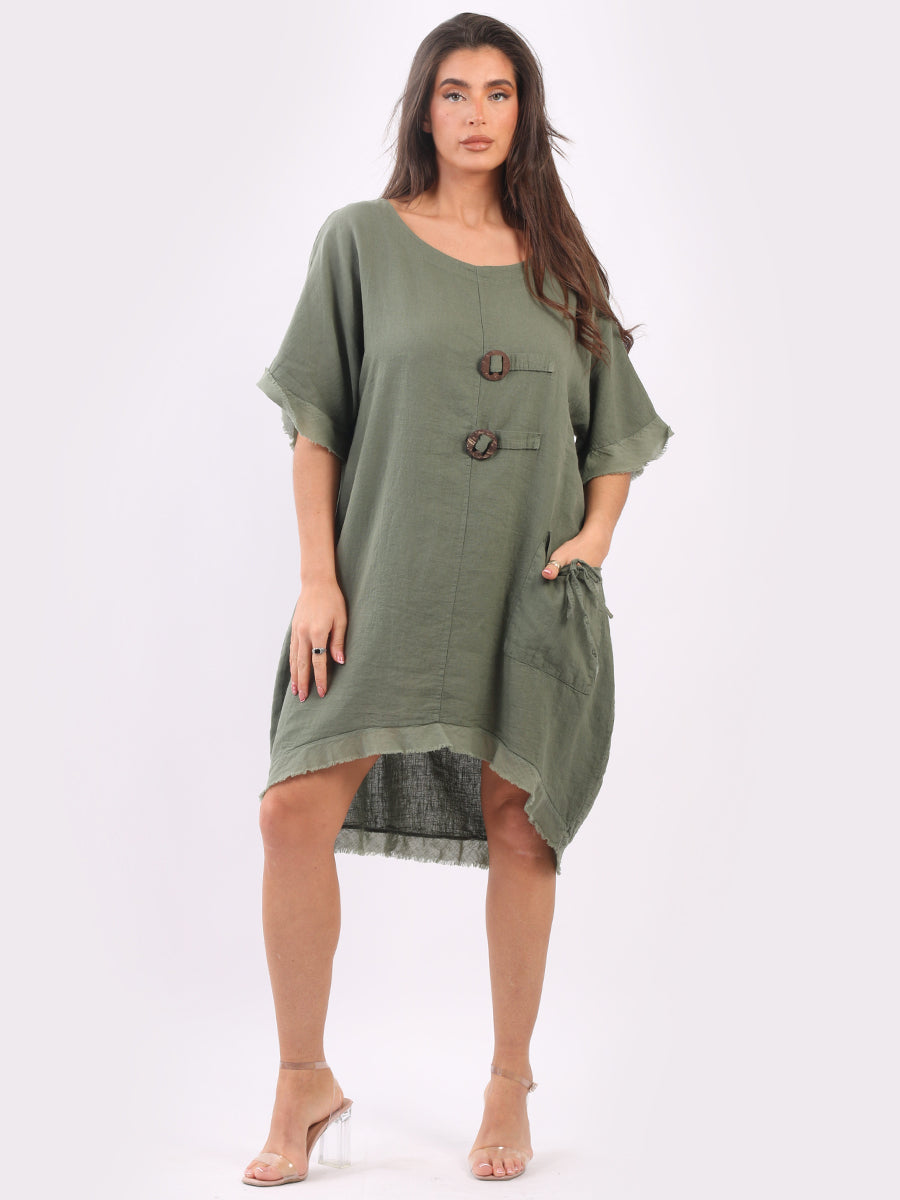 Raw Edge Linen Lagenlook Dress Khaki