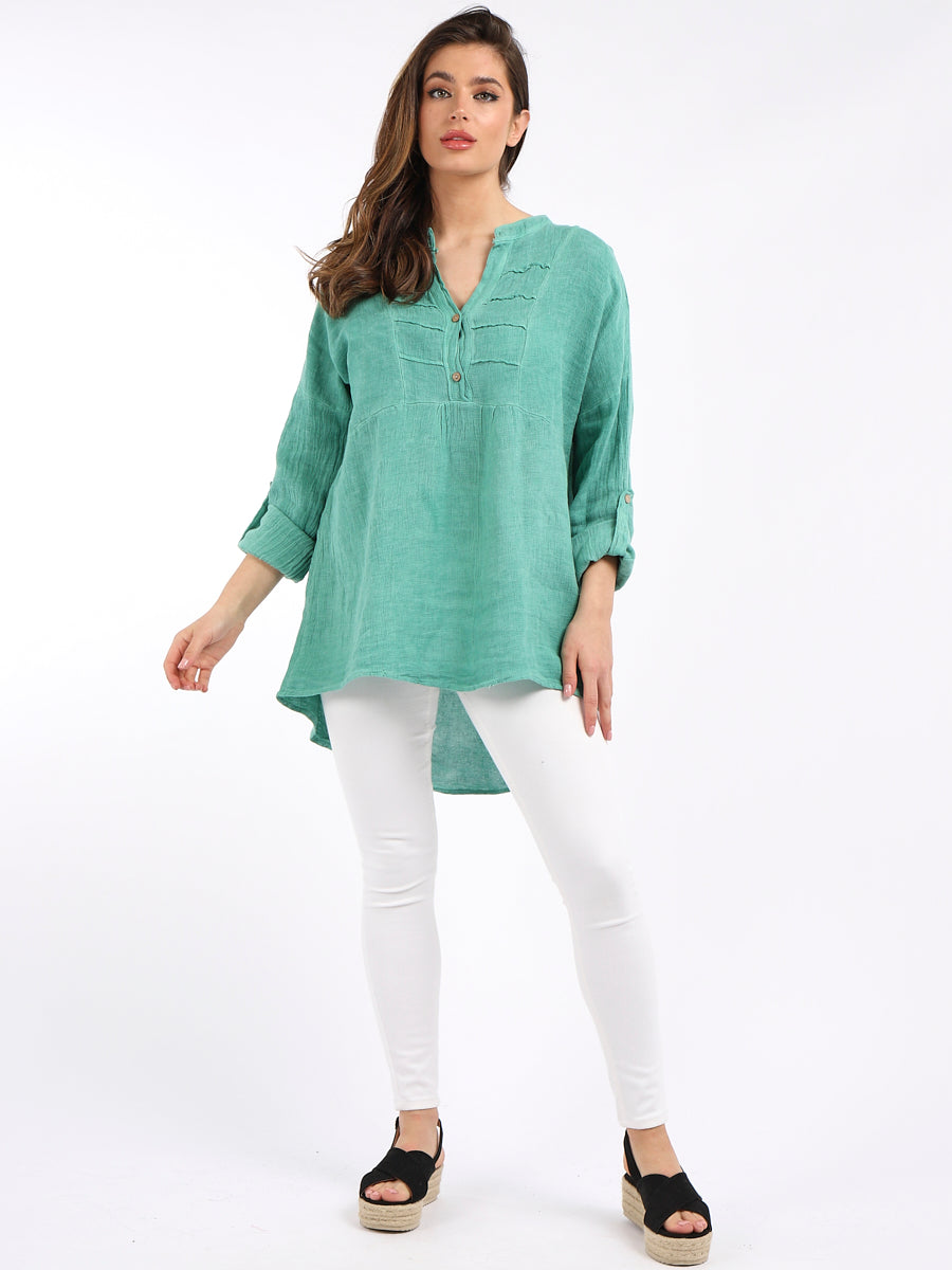 Plain Pleated Linen Tunic Aqua