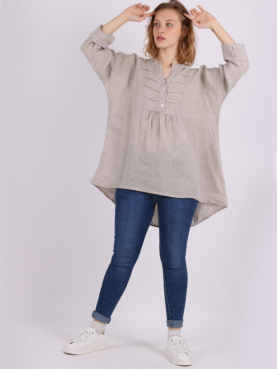 Plain Pleated Linen Tunic Beige