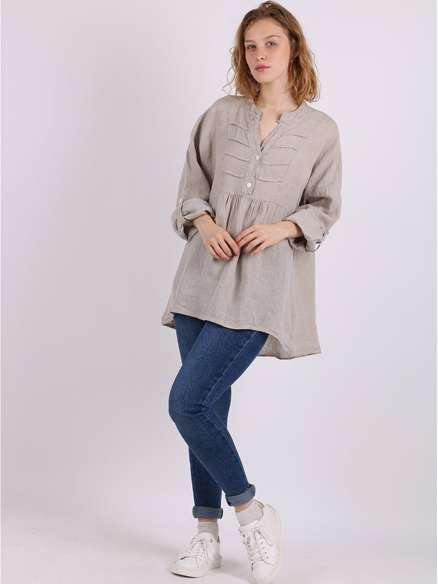 Plain Pleated Linen Tunic Mocha