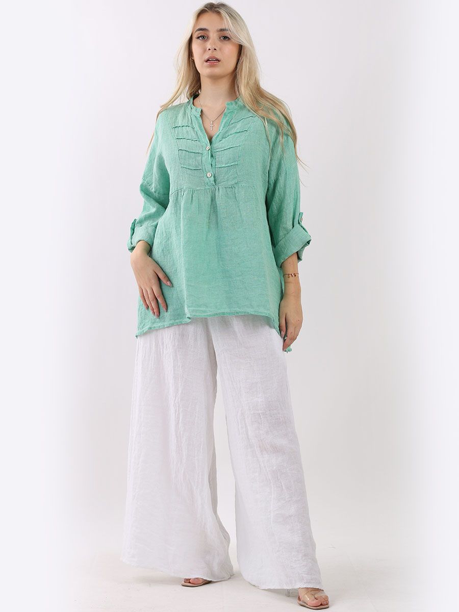 Plain Pleated Linen Tunic Green