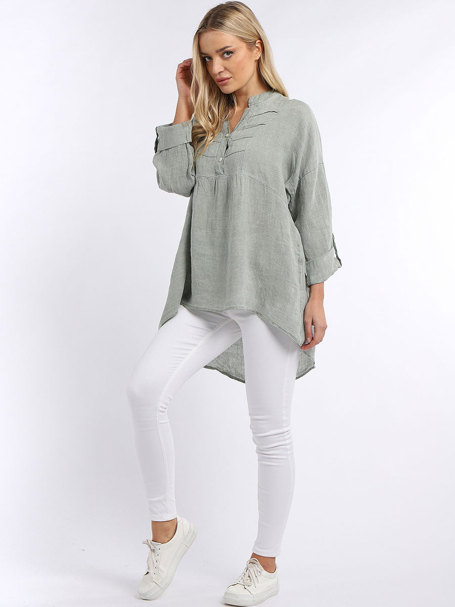 Plain Pleated Linen Tunic Khaki