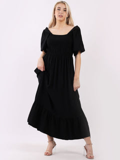 Shirred Smocked Maxi Sundress Black