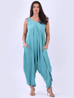 Plain V-Neck Balloon Jumpsuit Aqua