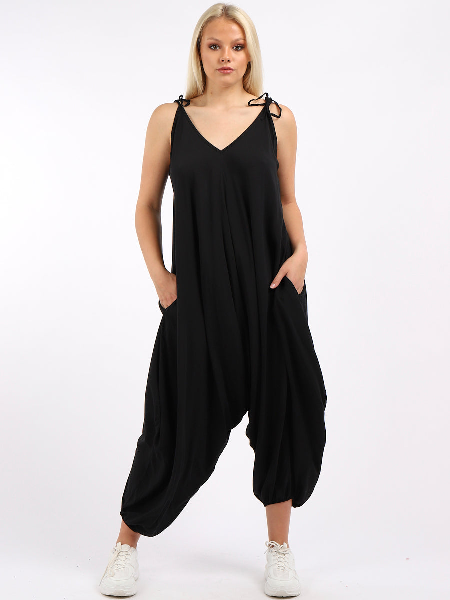 Plain V-Neck Balloon Jumpsuit Black