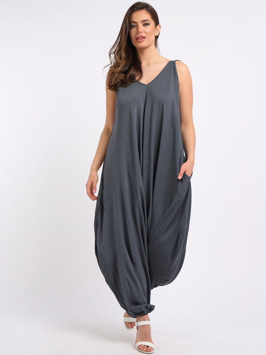 Plain V-Neck Balloon Jumpsuit Charcoal