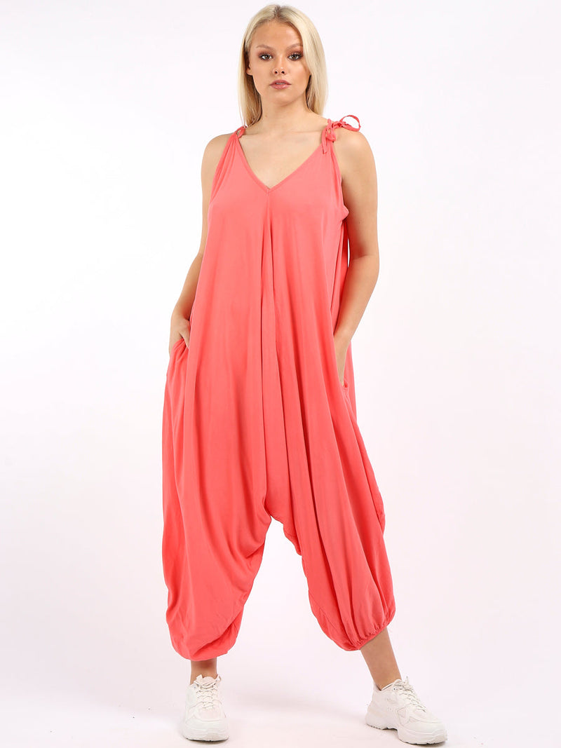 Plain V-Neck Balloon Jumpsuit Coral