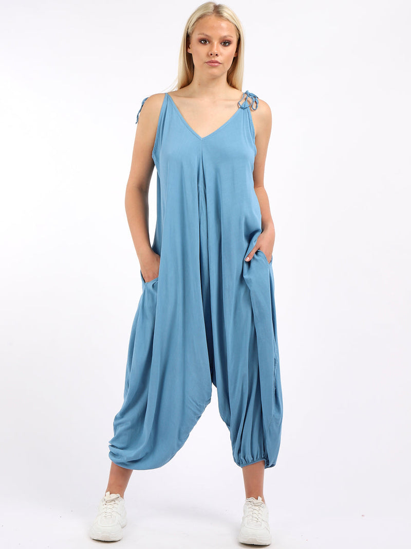 Plain V-Neck Balloon Jumpsuit Denim